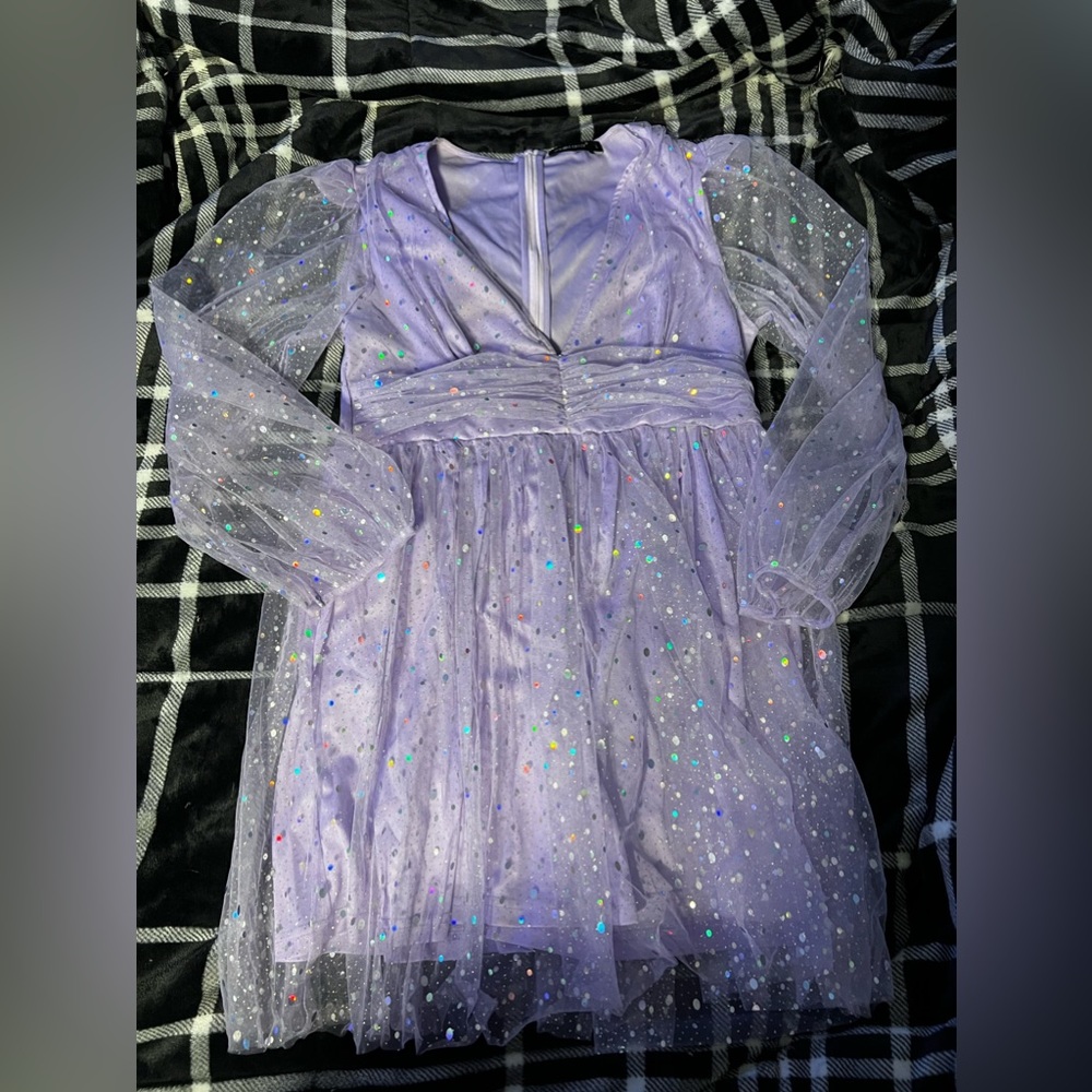 lilac sparkly sequin lantern sleeve dress by double crazy